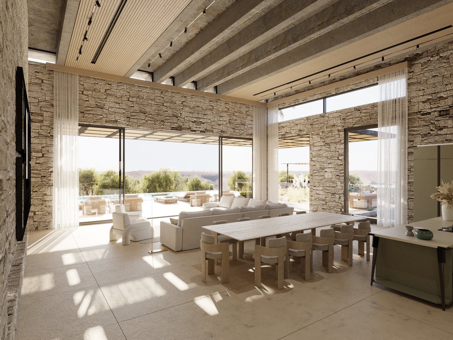 Natural stone walls and timber details in an architectural interior